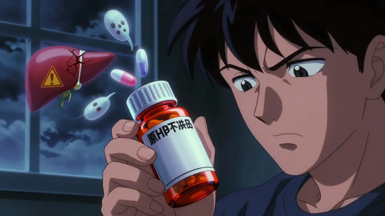 Hand holding pill bottle with ghostly side effect spirits rising from it.