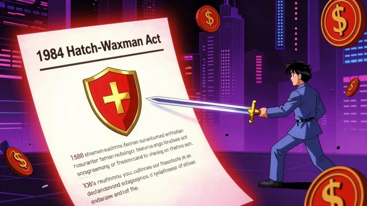 Hatch-Waxman Act breaking a monopoly with a sword, neon legal document in 80s anime style