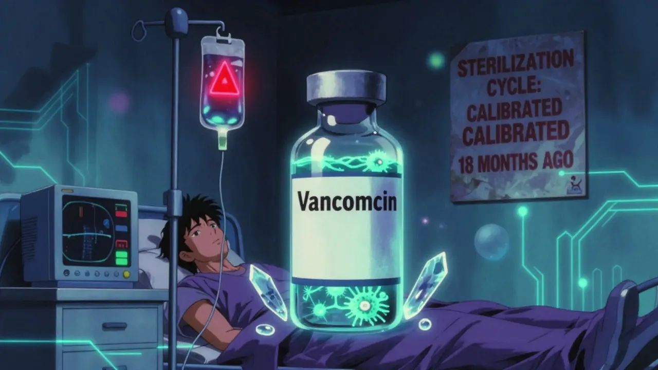 IV vial with glass shards and bacteria glowing in a hospital room