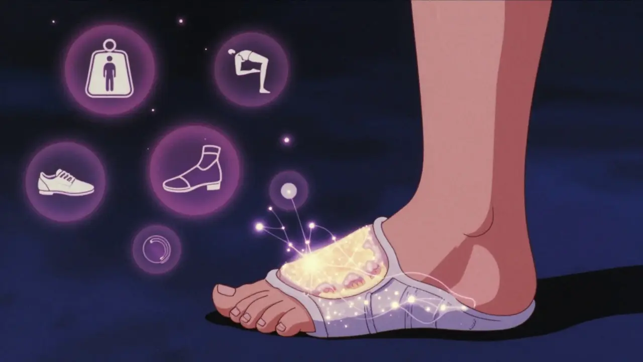 Nighttime scene of a foot in a splint with glowing threads and floating symbols of healing, in dreamy anime style.