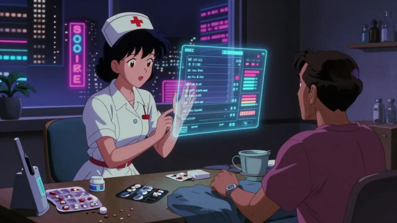 Nurse video-calling patient with holographic medical data floating between them.