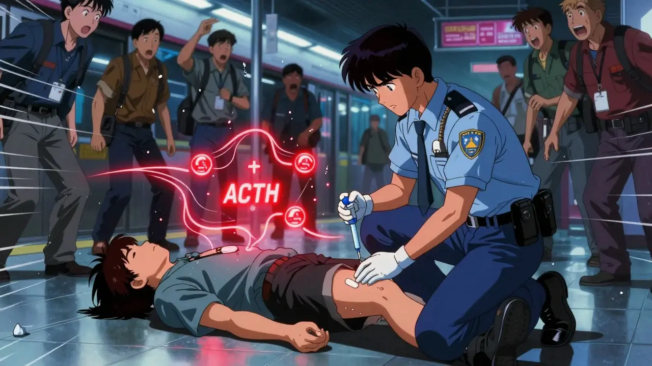 Paramedic administering emergency hydrocortisone injection to collapsed patient in subway station.