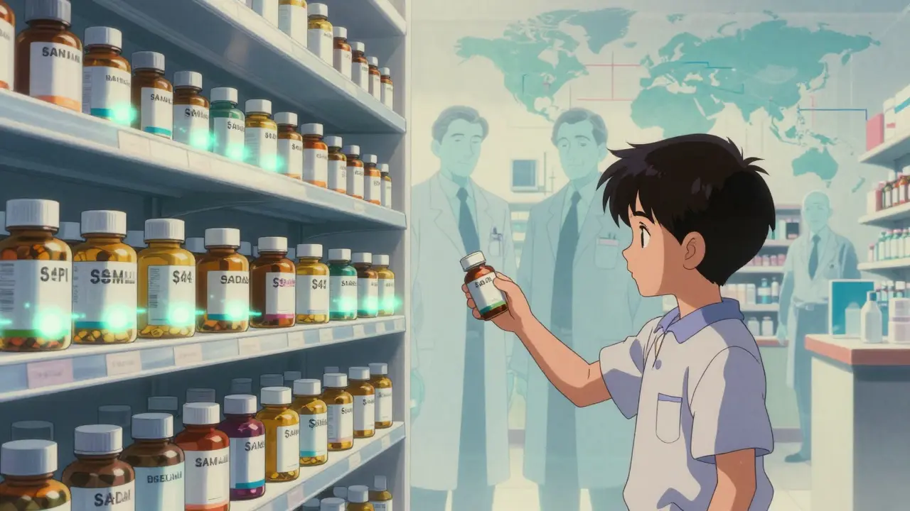 Patient picking up a cheap generic pill as reformers watch from behind in glowing pharmacy