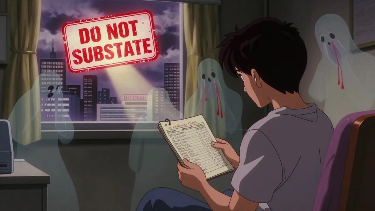 Patient with ghostly past selves showing adverse events, surrounded by 'Do Not Substitute' stamp in anime style.