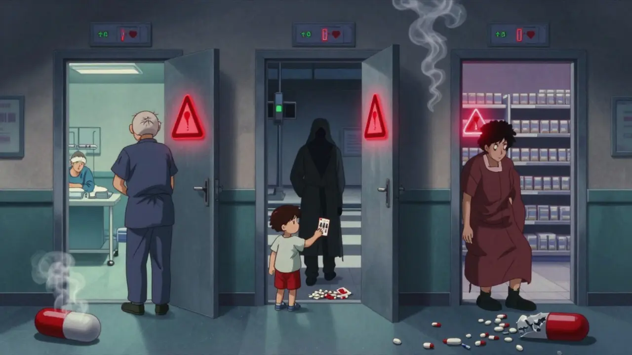 Patients in a fragmented hallway facing different crises caused by drug shortages.