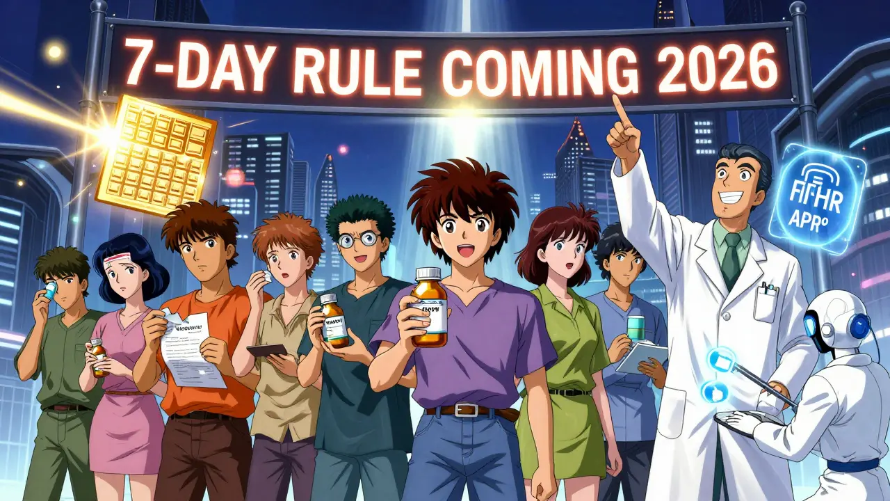 Patients in line with brand-name meds as golden blockchain light shines above, pharmacist pointing upward