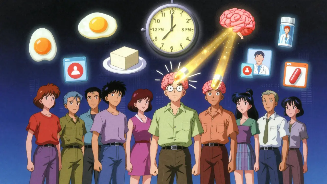 Patients see protein shift from morning to evening as medication flows into the brain with glowing light.