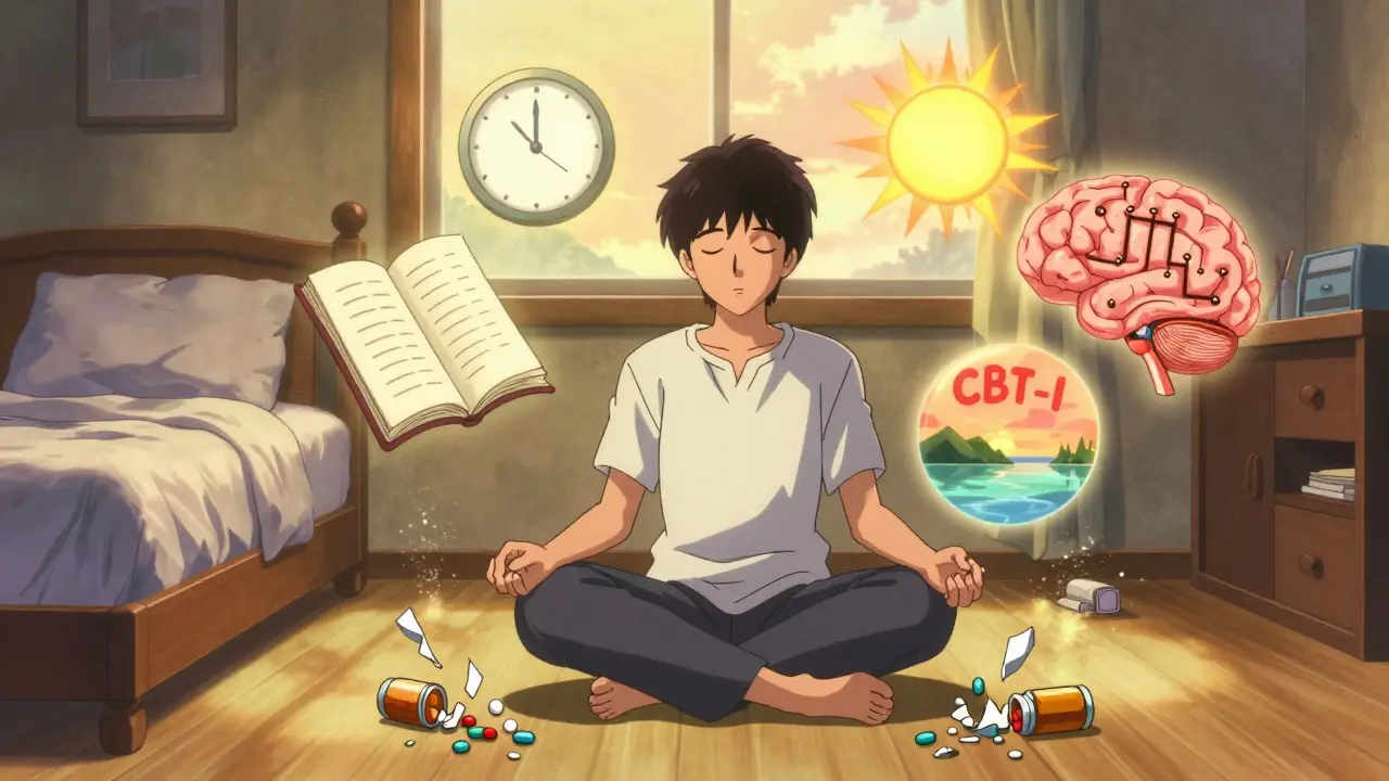 Person meditating in bedroom with CBT-I symbols floating around, shattered pill bottles crumbling as dawn light fills the room.