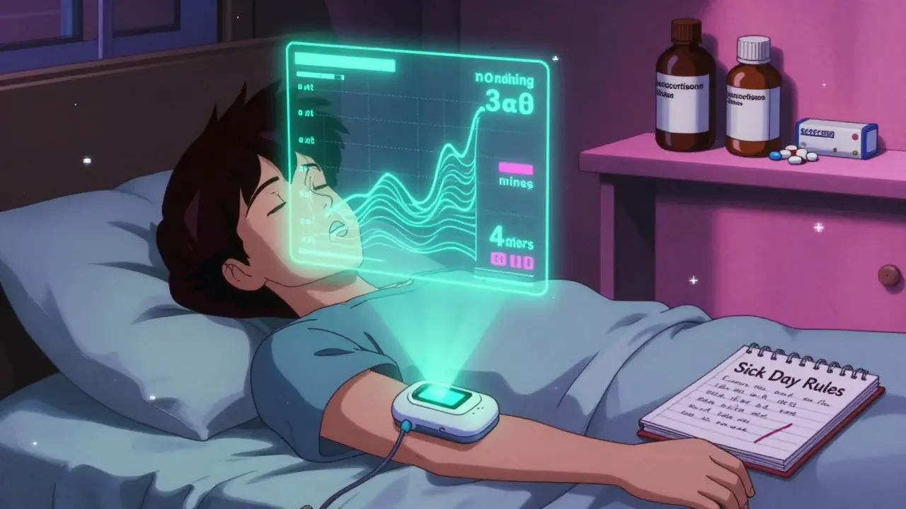 Person sleeping with glowing cortisol monitor on arm, holographic hormone levels floating nearby.