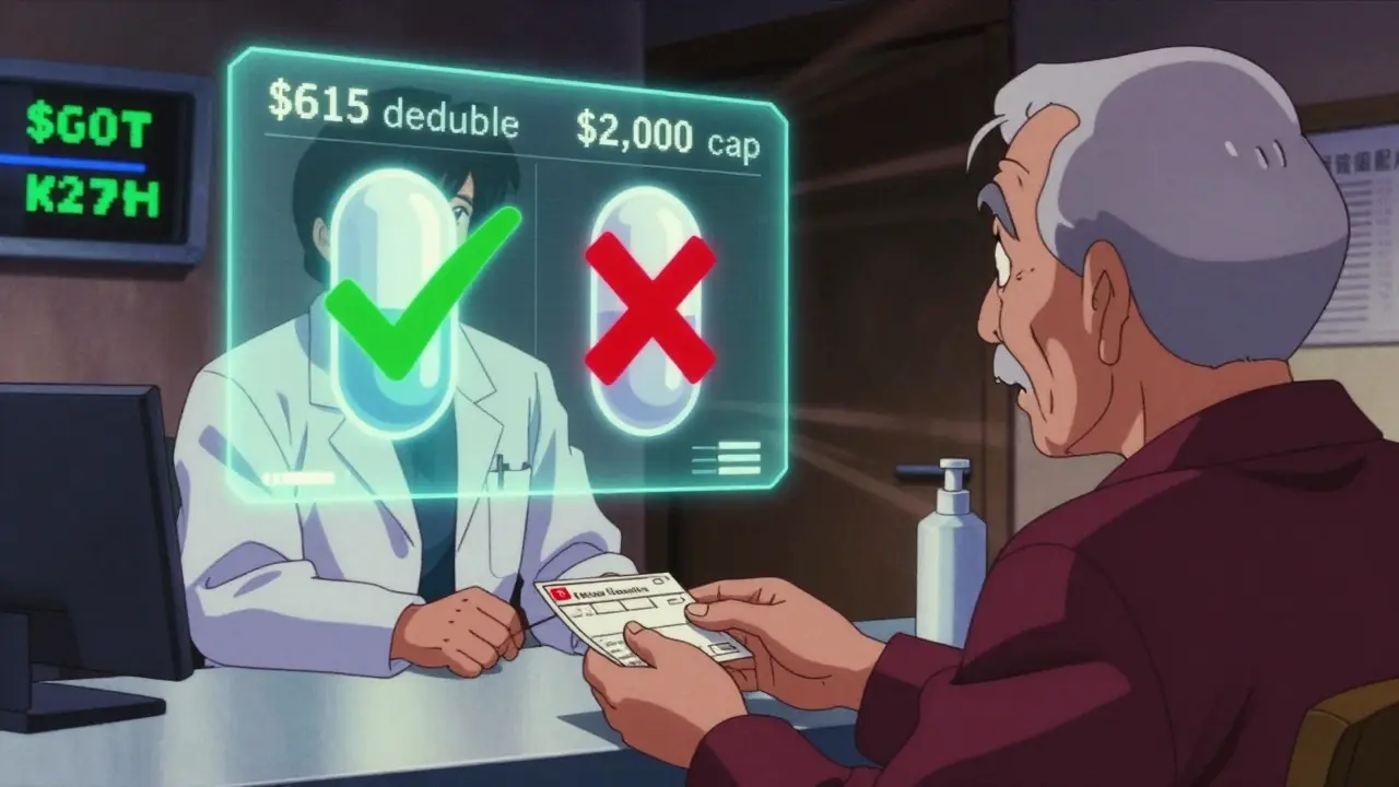 Pharmacist handing prescription as holographic covered/uncovered generic pills appear above.