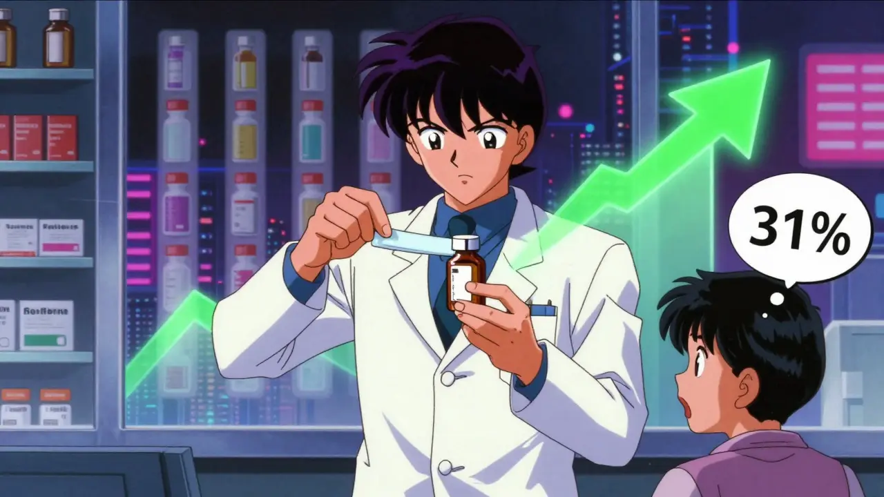 Pharmacist placing a horizontal warning sticker on a medicine bottle, with a glowing arrow highlighting its placement.