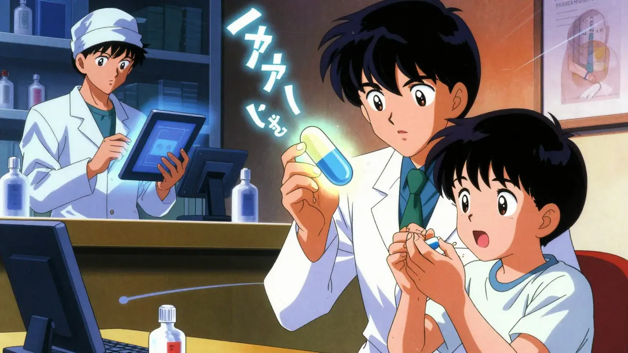 Pharmacist shows a patient a time-release pill, warning signs floating in the air as the patient nearly crushes it.