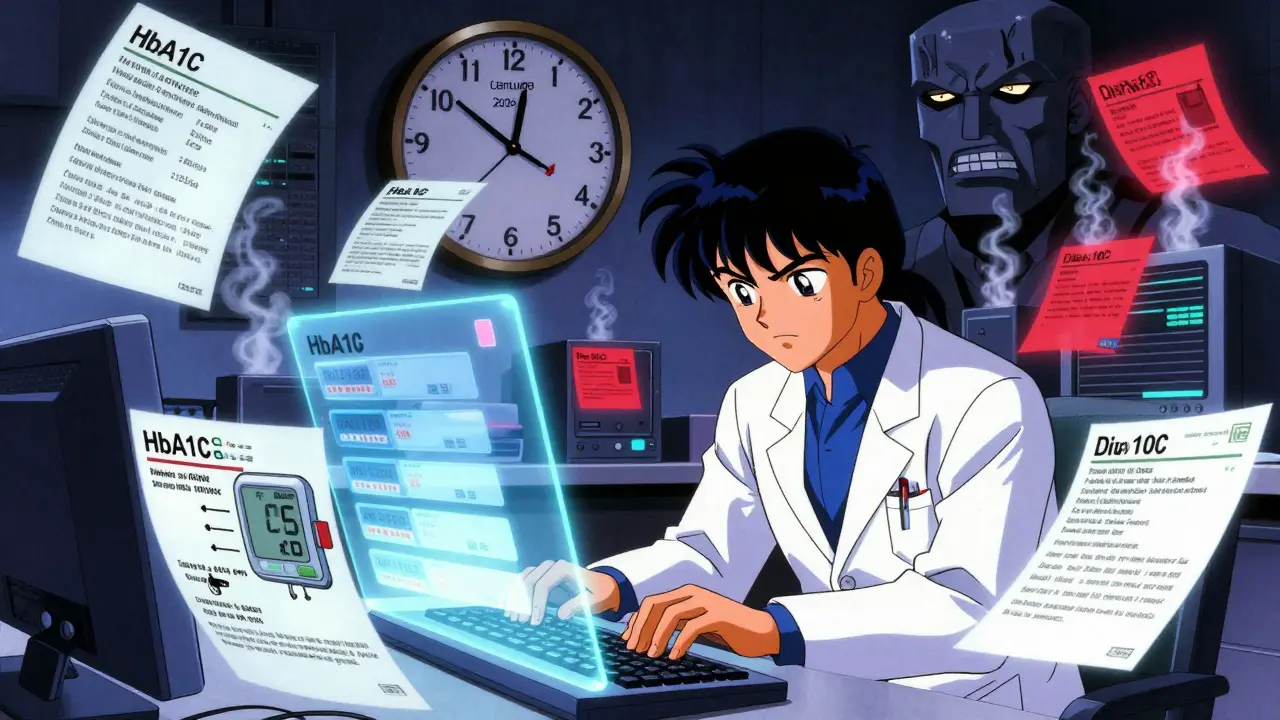 Pharmacist surrounded by floating patient data and insurer logos under glowing digital clocks