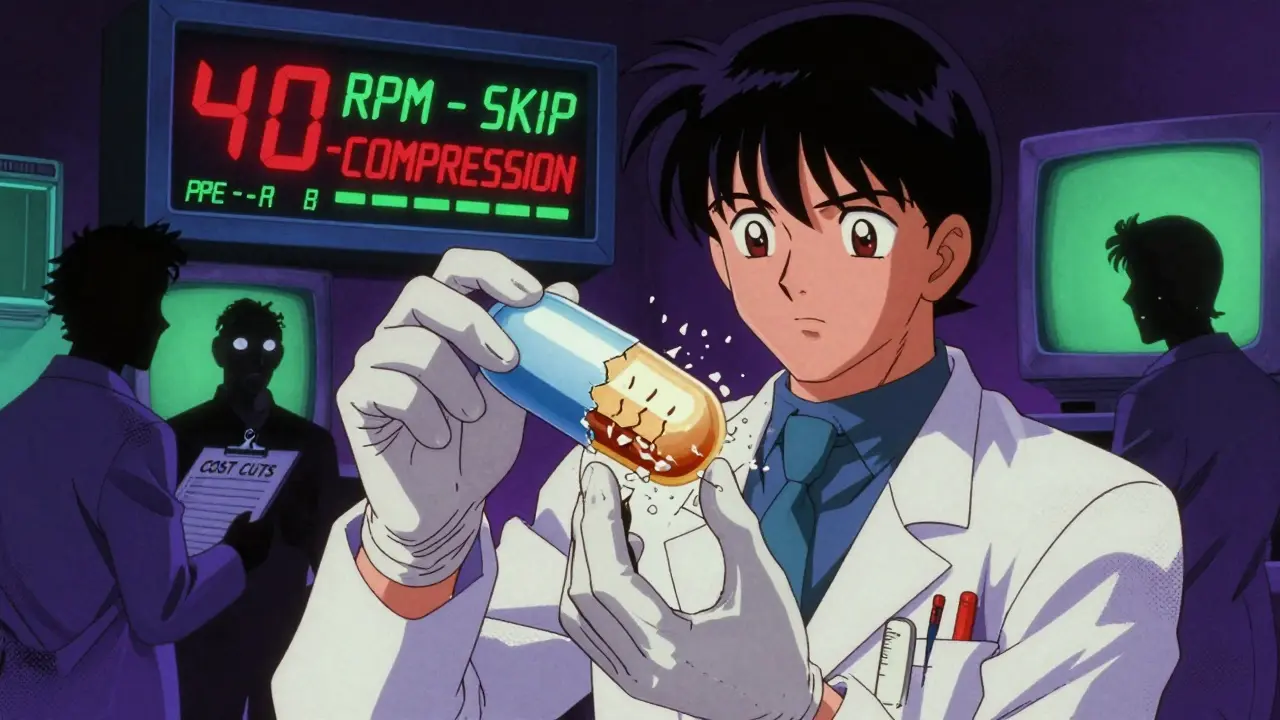 Pharmacist watching a tablet crumble apart with warning signs in background