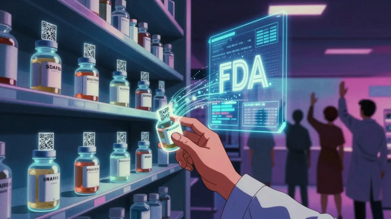 Pharmacy bottles with QR codes sending data to a holographic FDA database in neon anime style.
