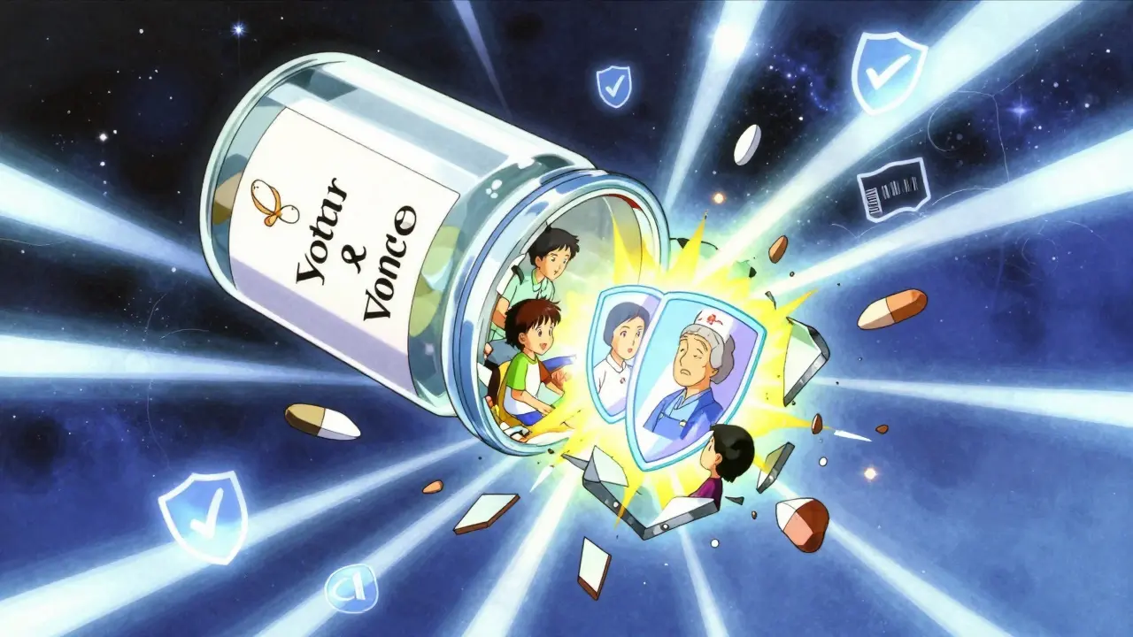 Shattered pill bottle releasing protective energy waves to people, symbolic anime scene