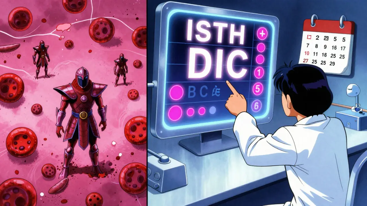 Split-panel medical scene showing blood cells turning to warriors and crumbling, with a DIC score board glowing, 80s anime style.