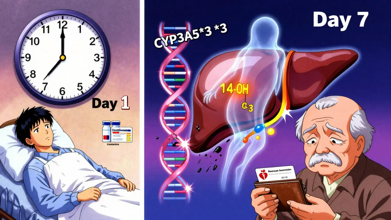 Split-panel timeline showing clarithromycin metabolite lingering over liver, with shattered DNA strand symbolizing genetic risk.
