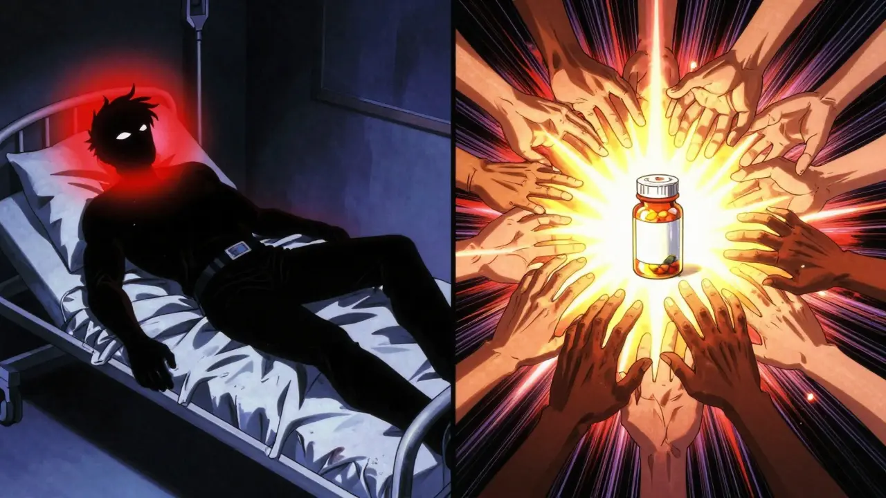 Split scene: a patient collapsing beside a glowing pill bottle surrounded by protective hands from around the world.
