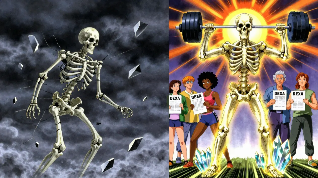 Split scene: brittle bones vs. strong bones with lifestyle symbols, diverse people holding scan results in 80s anime style.