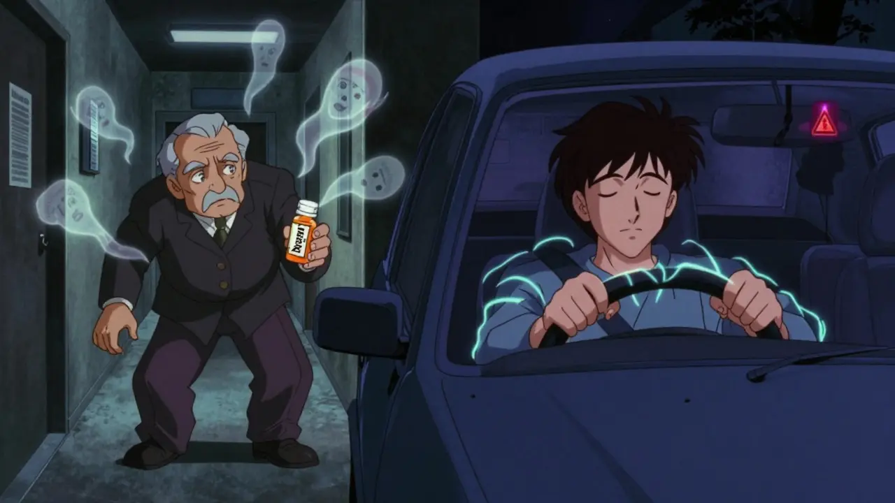 Split scene: elderly person stumbling with pill bottle, and person sleep-driving with neon trails and FDA warning in mirror.