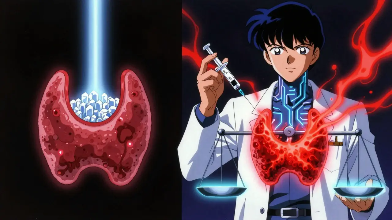 Split scene: thyroid shrinking with iodine vs. inflamed from autoimmune attack, doctor holding syringe.