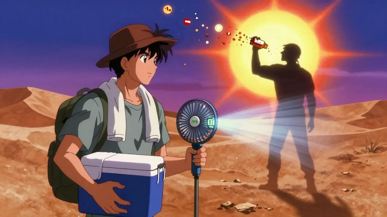 Traveler using insulated cooler and fan to keep meds cool while hiking in desert