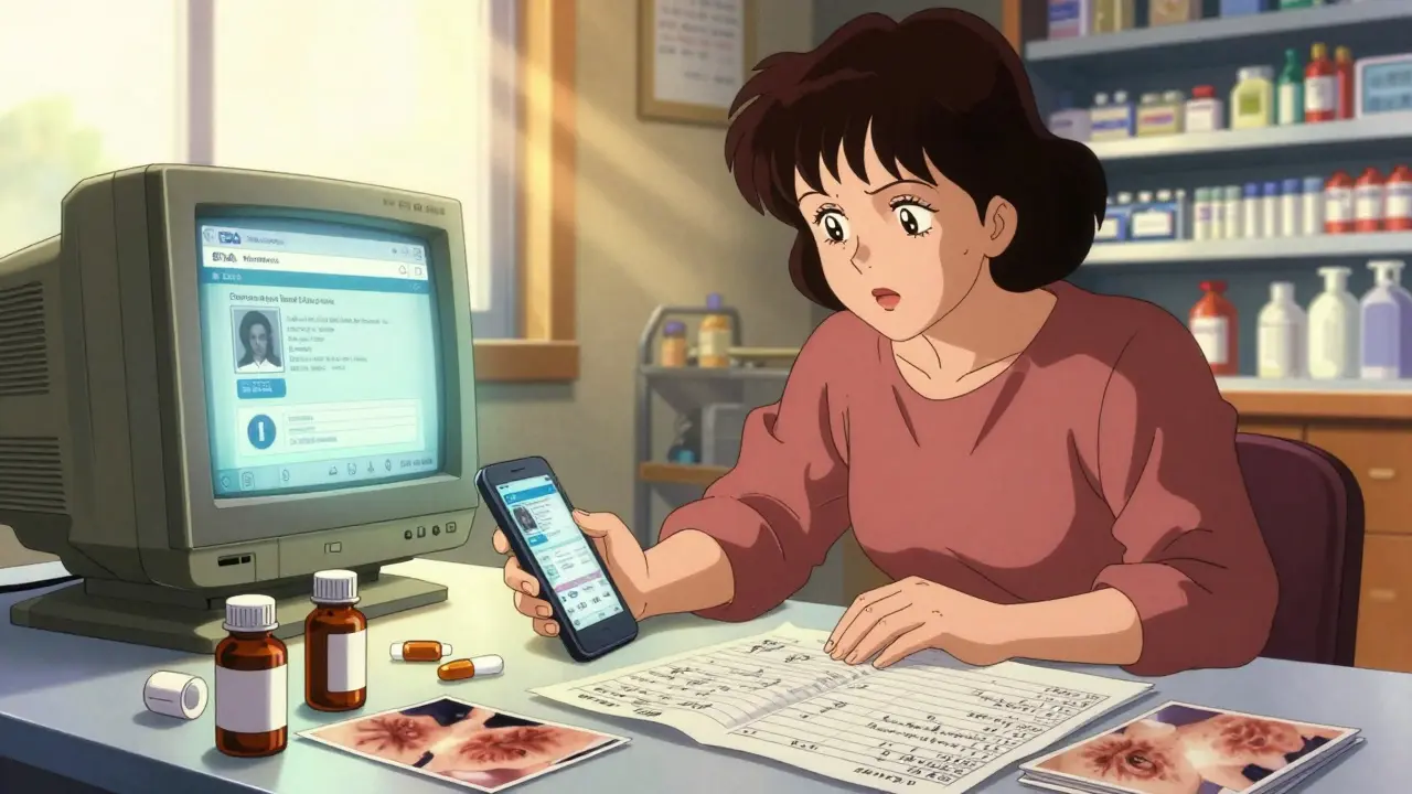 Woman at kitchen table with medication bottles, photos, and FDA MedWatch website on screen