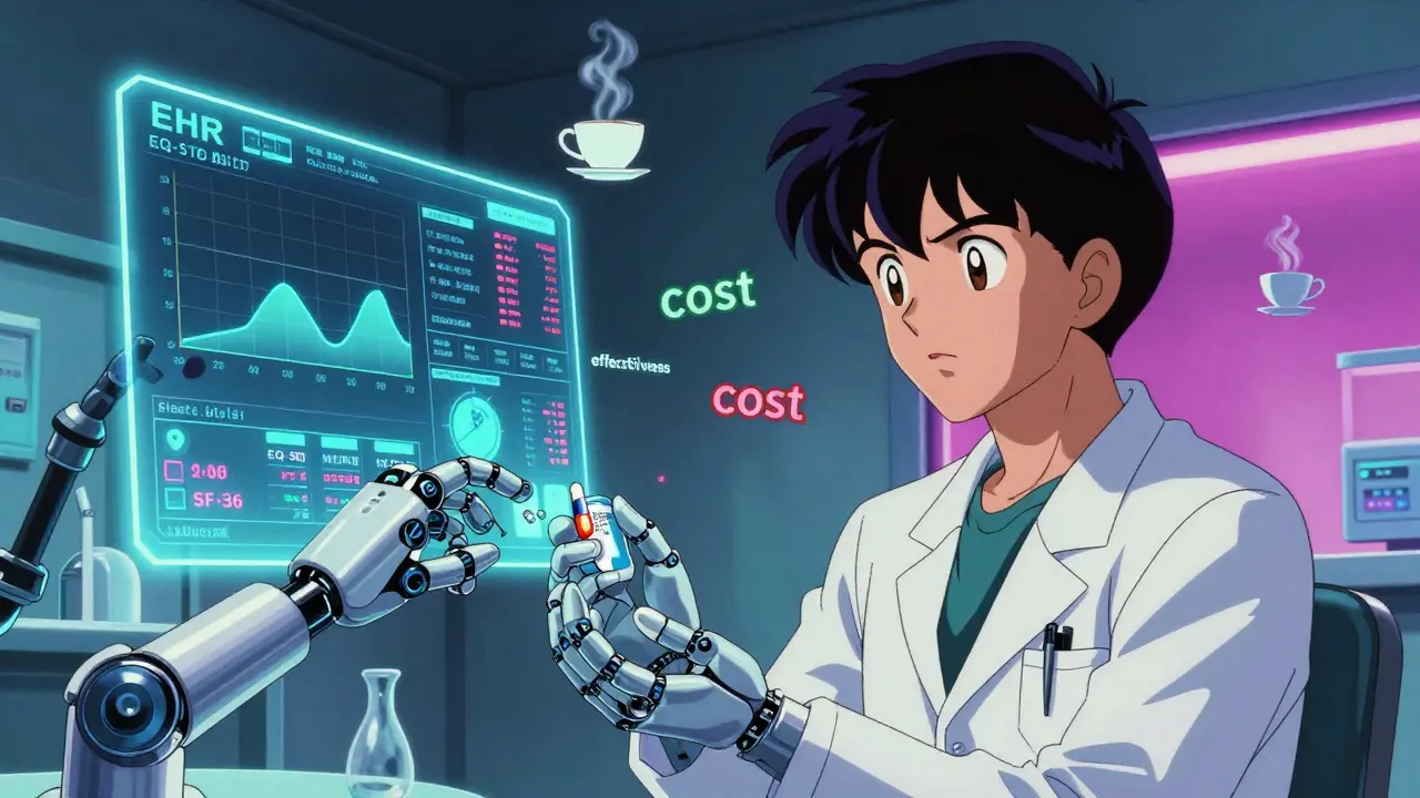 A doctor examining a holographic health data dashboard with generic and brand pills in a neon-lit clinic.