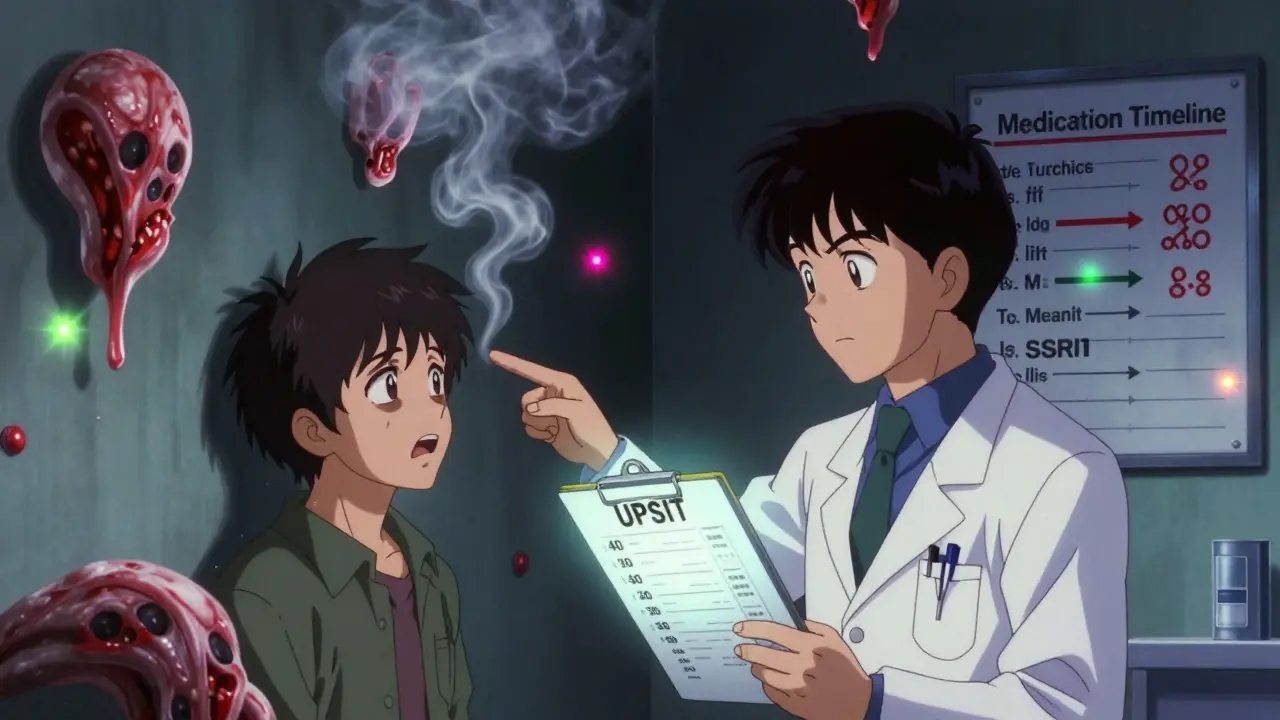 A doctor shows a smell test chart while ghostly burning smells drift through the air in a 1980s anime aesthetic.