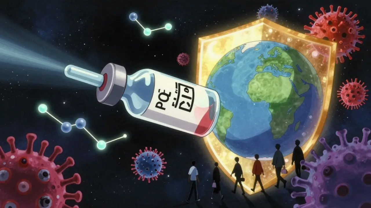 A giant vaccine vial in space protecting Earth from disease monsters, with molecular ingredients glowing like stars.