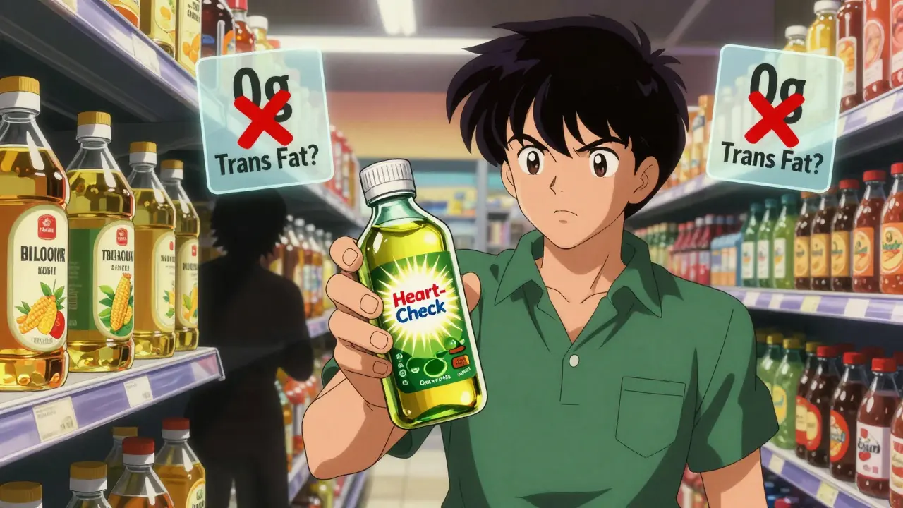 A shopper holding algae oil with a heart-check emblem while unhealthy oils fade away.