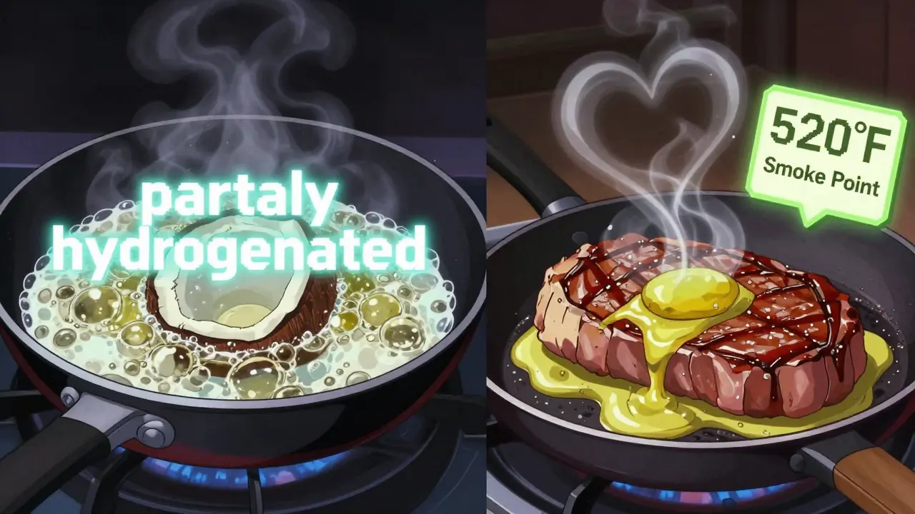 A sizzling steak with avocado oil forming a heart-shaped steam cloud vs. dark unhealthy oil.