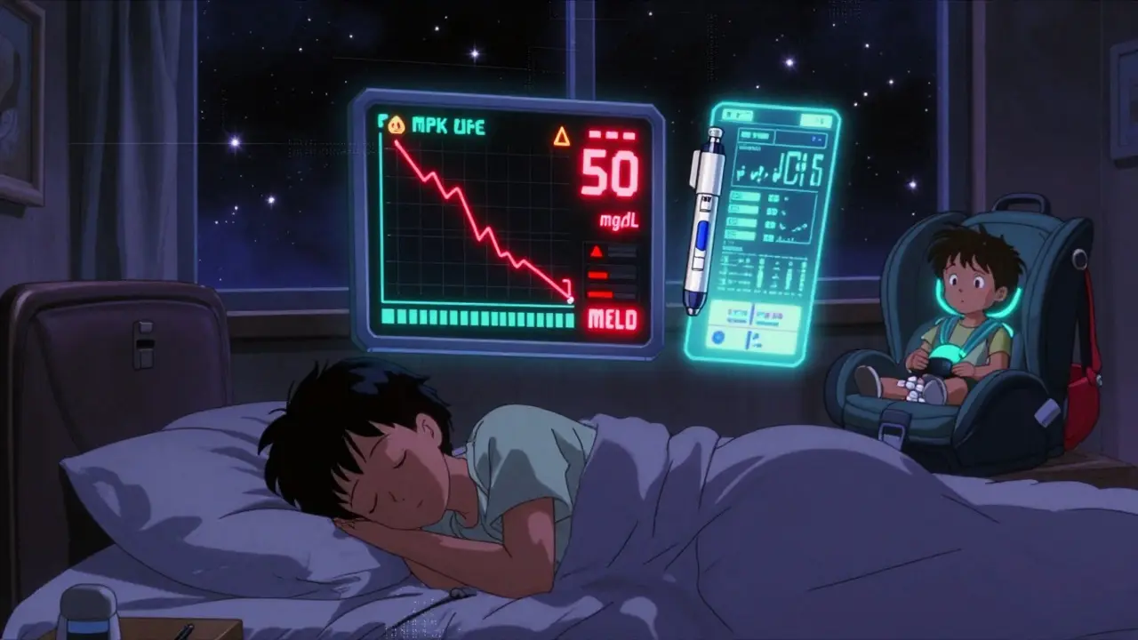 A sleeping person with a glowing glucose graph and insulin pen displaying patterns, in retro 80s anime style with pixel effects.