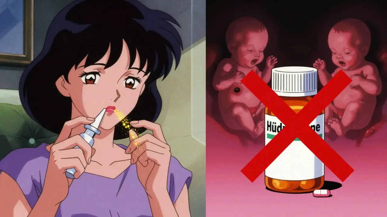 A woman using a nasal spray while red X marks block unsafe medications, all in 80s anime style.