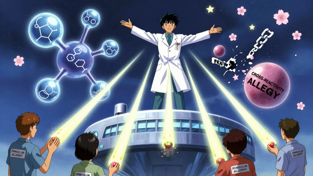 An allergist dissolves allergy labels from patients with beams of light, cephalosporin molecules glowing safely nearby.