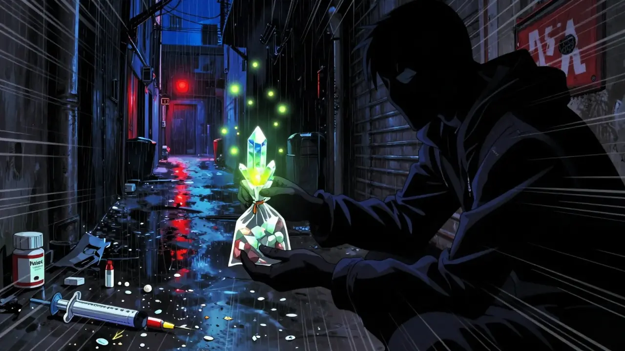 Dark alley where fentanyl-laced drugs are exchanged, glowing crystals and discarded syringes under neon sirens.