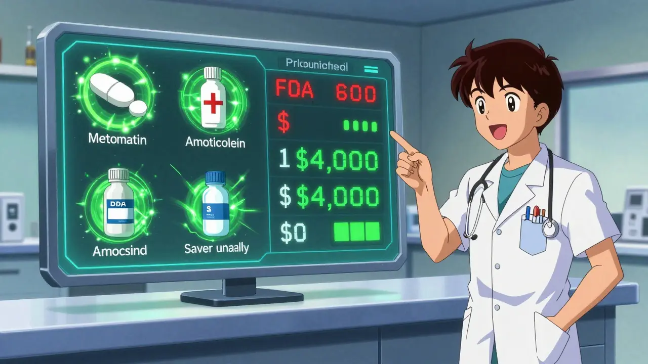 Digital inventory dashboard showing saved money and FDA alerts turning green in a clinic setting.