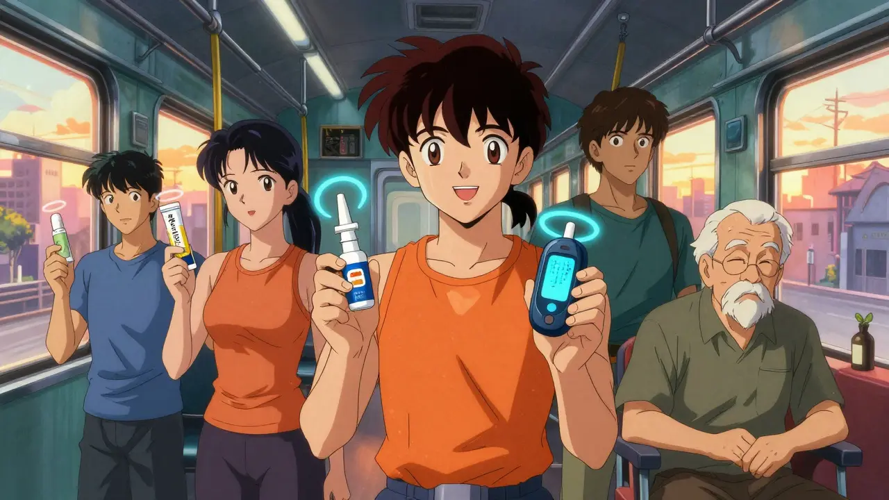 Diverse individuals holding lifesaving hypo kits with glowing devices, set in everyday scenes under sunset lighting.