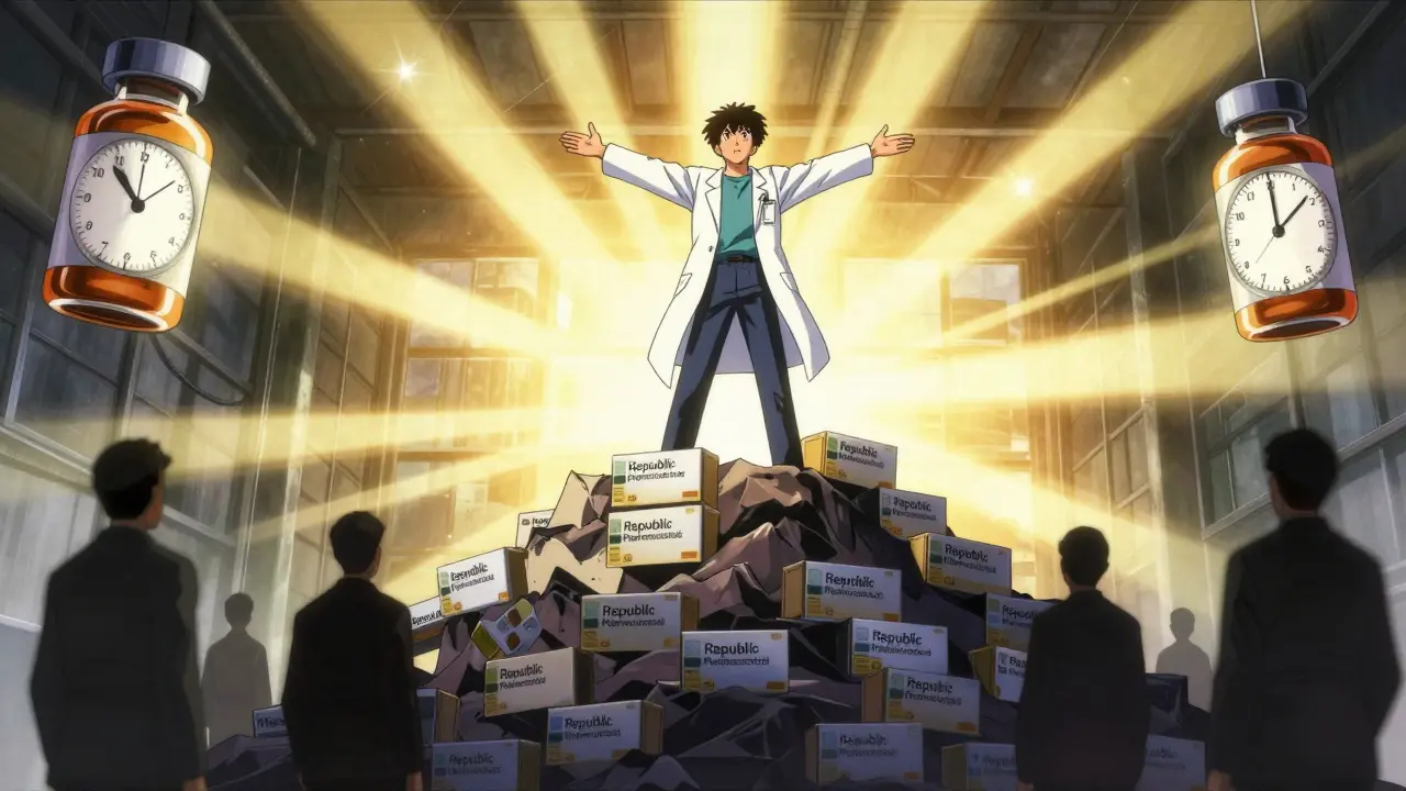 Doctor standing atop drug boxes with sunlight shining as corporate wholesalers fade into darkness.