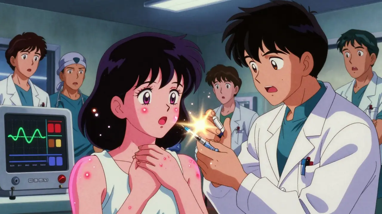 Medical team quickly administering epinephrine to a patient experiencing a rare allergic reaction with glowing symptoms.