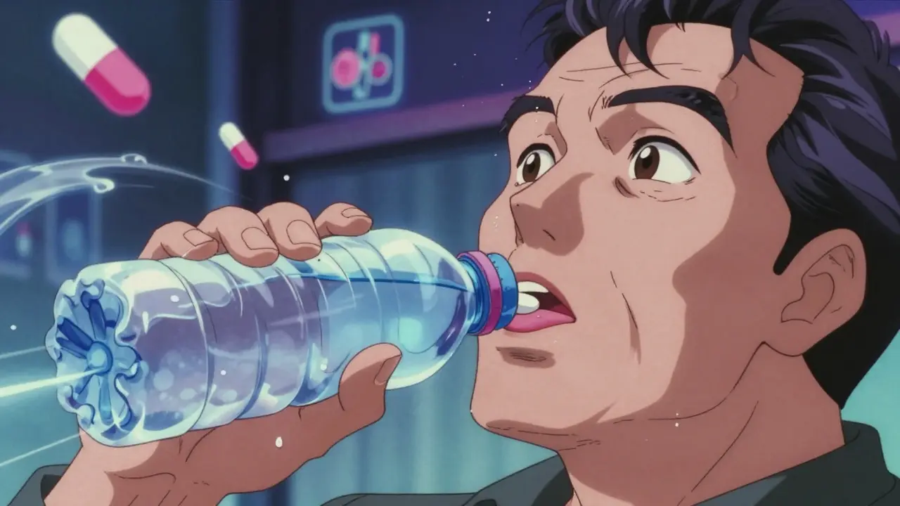 Older man using a water bottle trick to swallow a pill with suction motion.