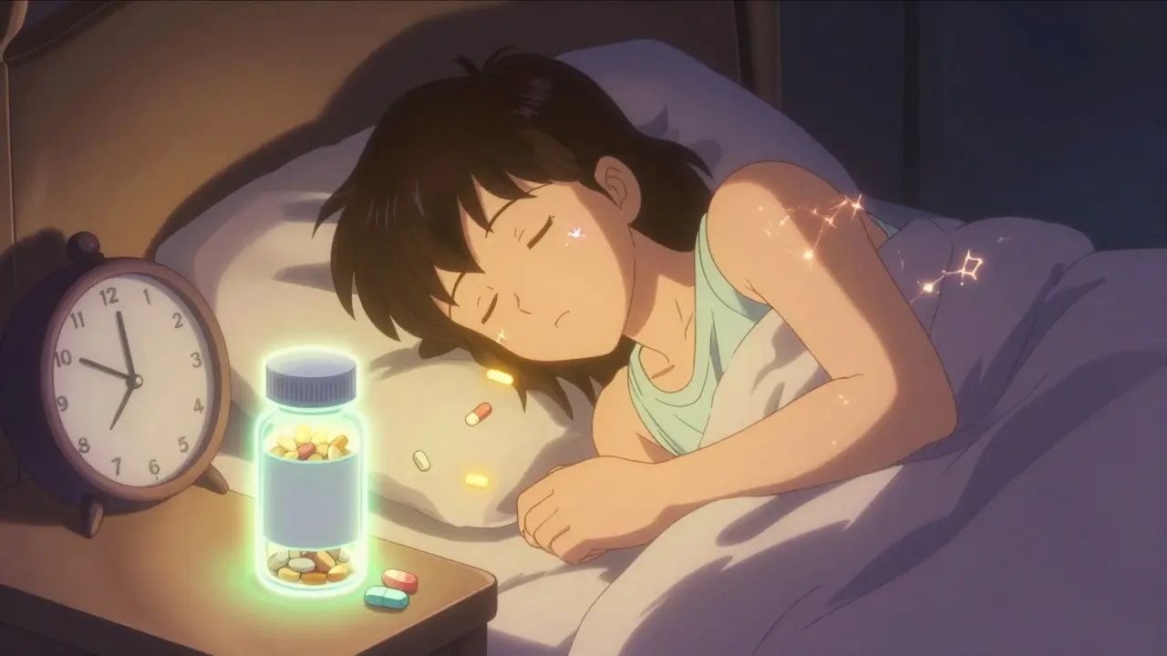 Patient sleeping peacefully with gabapentin and pregabalin pills emitting different light patterns, symbolizing nighttime pain relief.