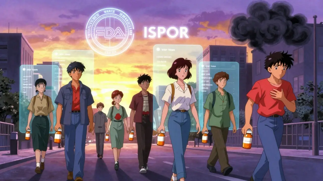 Patients walking down a street with translucent health outcome overlays showing improved lives after switching to generics.