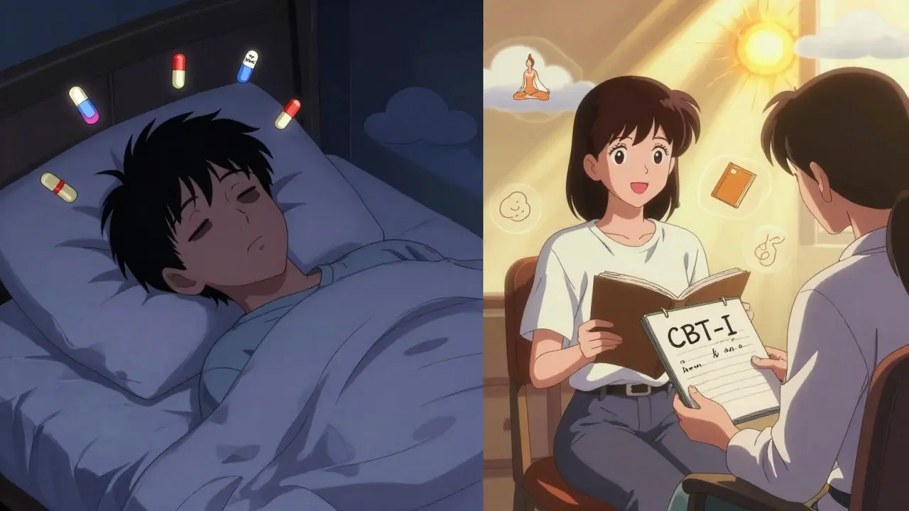 Person transitioning from sleepless night to active day with therapy log and sunrise symbolizing improvement.