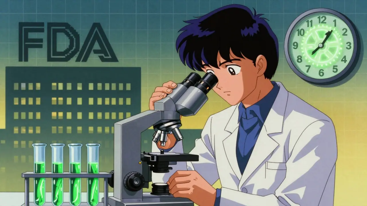 Scientist examining vials under microscope with FDA building, glowing test tubes.