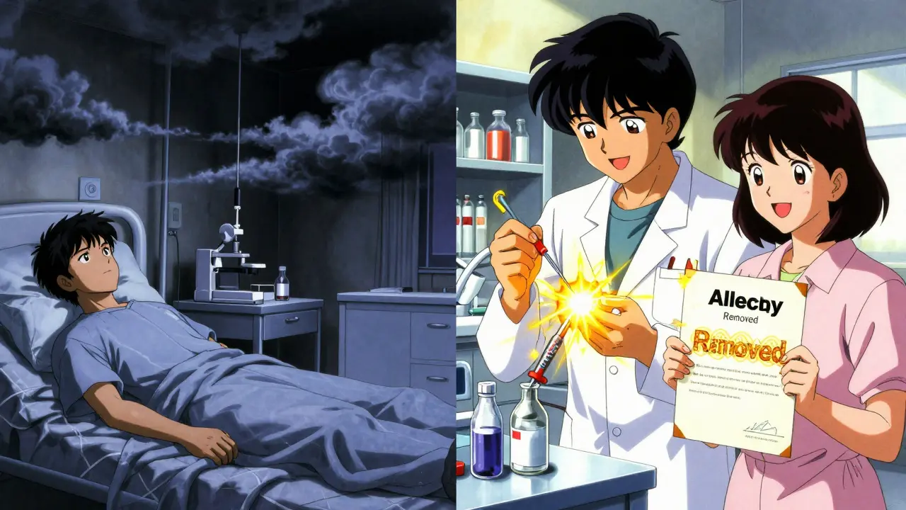 Split scene: dark hospital with vancomycin vs. bright lab where a skin test removes an allergy label.
