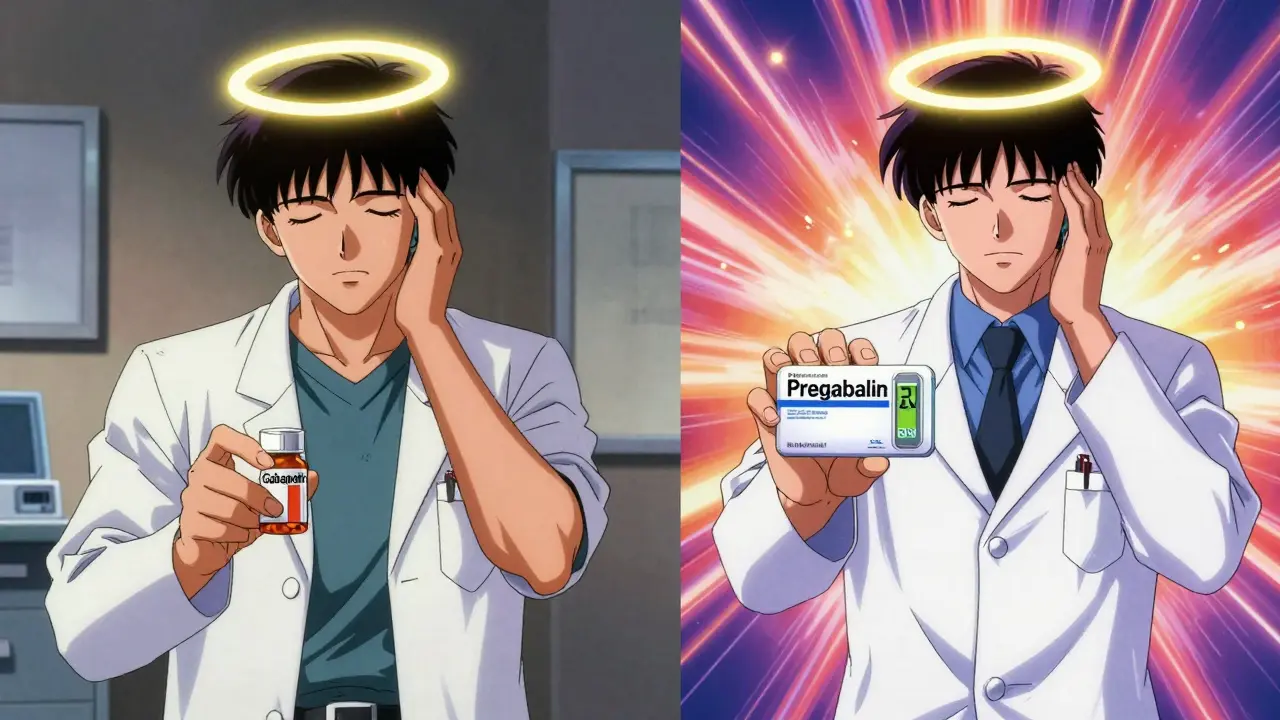 Split scene: doctor handing gabapentin vs. specialist handing pregabalin, contrasting cost and speed of nerve pain relief in 80s anime style.