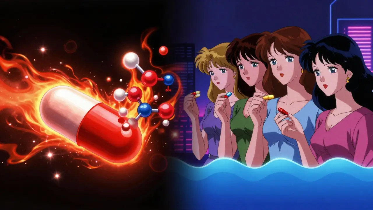 Split scene: rifampin breaking down hormones on one side, other antibiotics with stable hormone levels on the other.