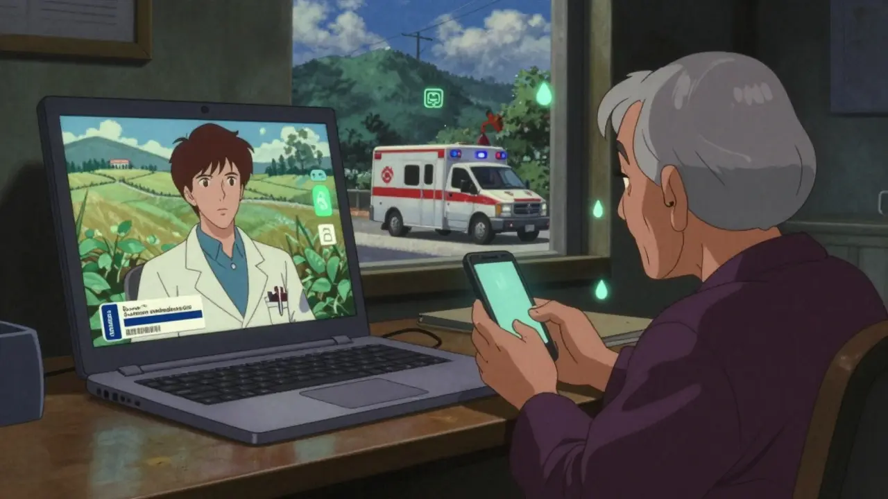 Split scene: telehealth consultation on laptop vs. elderly person alone in darkness, silent phone beside them.